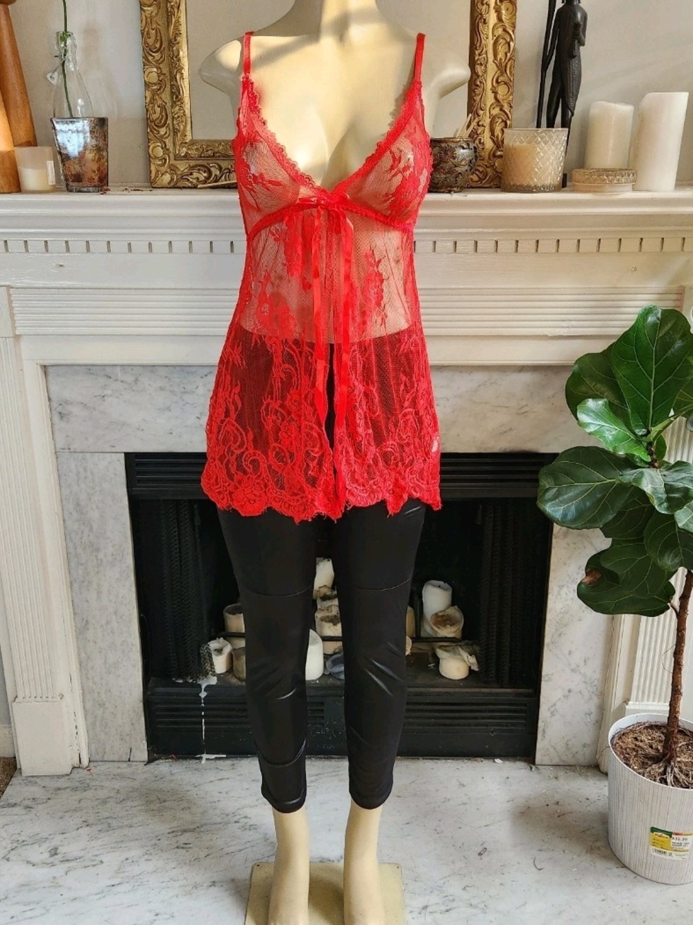 Red Lace Sheer Camisole Floral Bow Goth Punk Babydoll Size XL Mesh Indie Sleaze